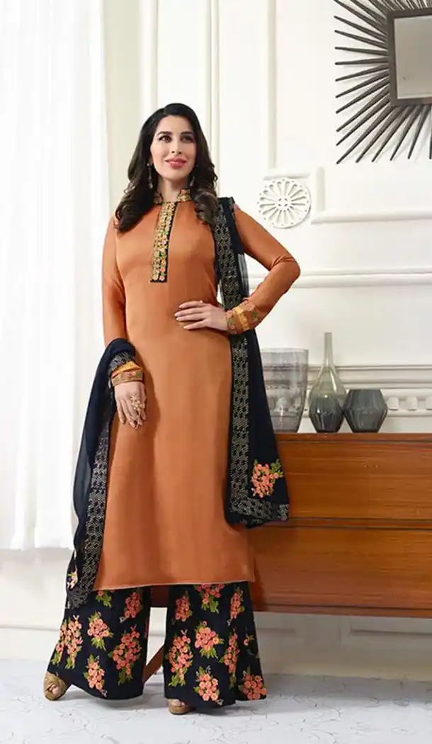 Orange Color Satin Party Wear Style Plaza Salwar Suit | KF810077476