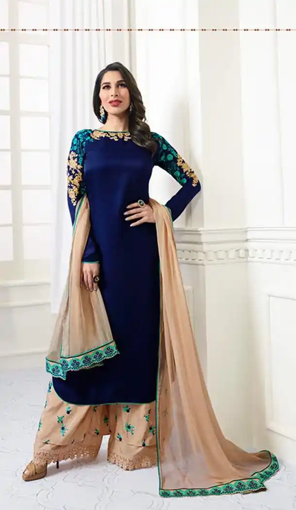 Blue Color Satin Party Wear Style Plaza Salwar Suit | KF810077477