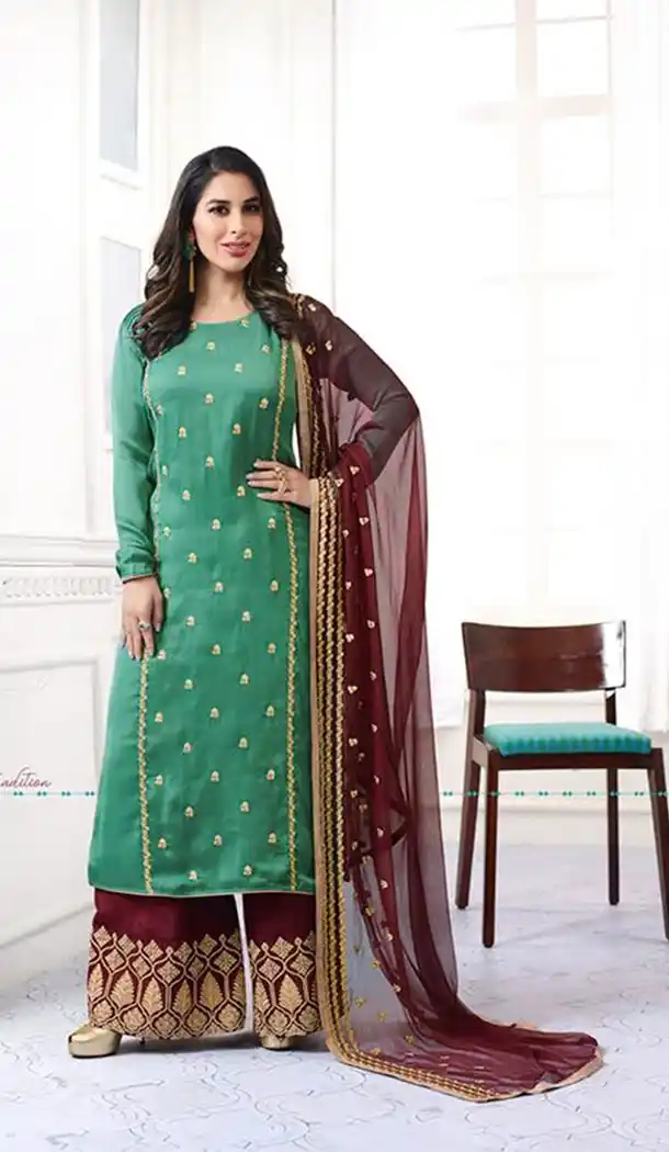Green Color Satin Party Wear Style Plaza Salwar Suit | KF810077478