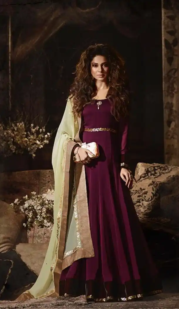 Georgette Fabric Wine Color Anarkali Style Churidar Kameez | KF811177562