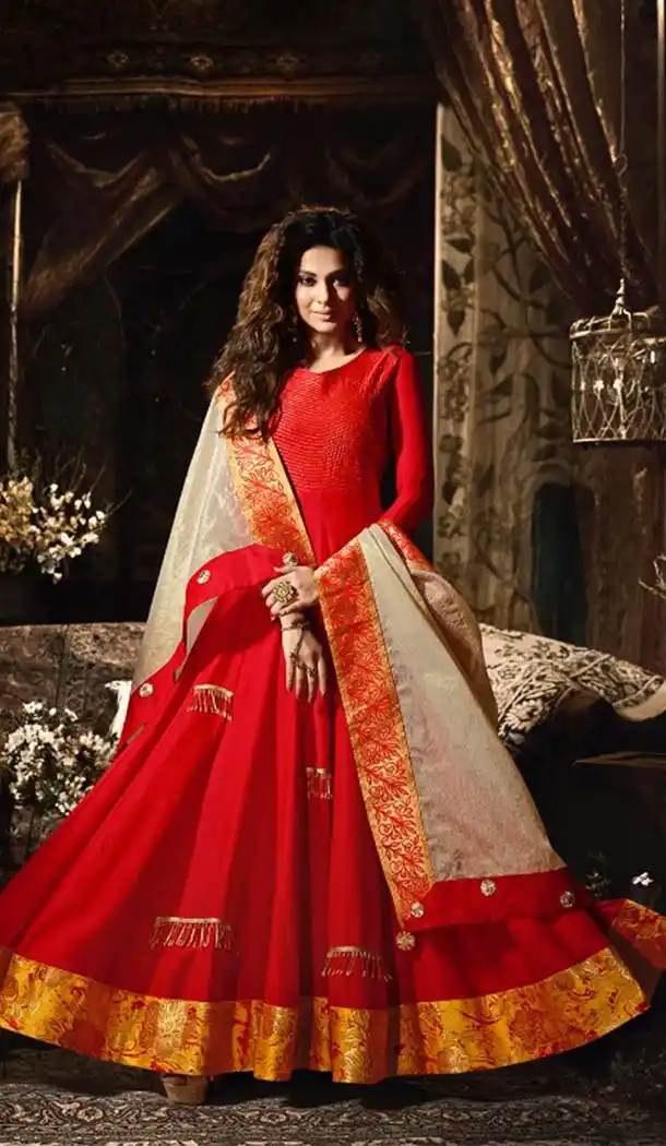 Silk Fabric Red Color Anarkali Style Churidar Kameez | KF811177563