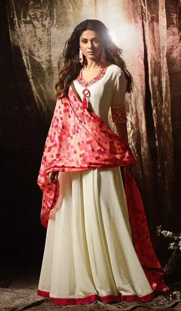 Georgette Fabric Cream Color Anarkali Style Churidar Kameez | KF811177564