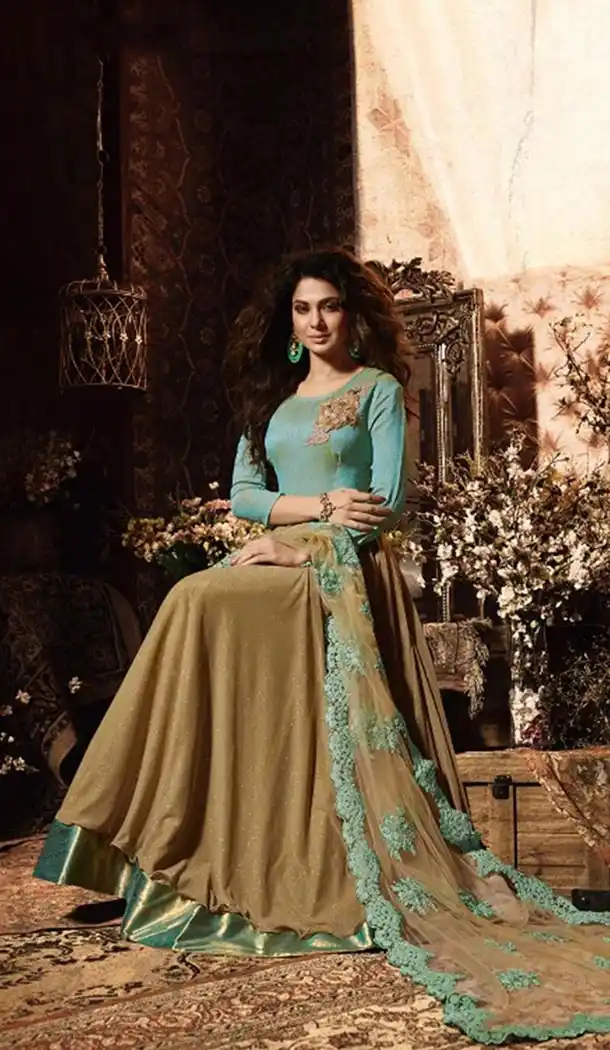 Georgette Fabric Beige Color Anarkali Style Churidar Kameez | KF811177565