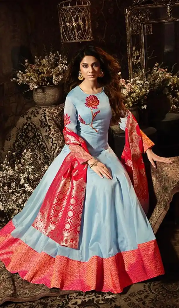 Chanderi Fabric Sky Blue Color Anarkali Style Churidar Kameez | KF811177566