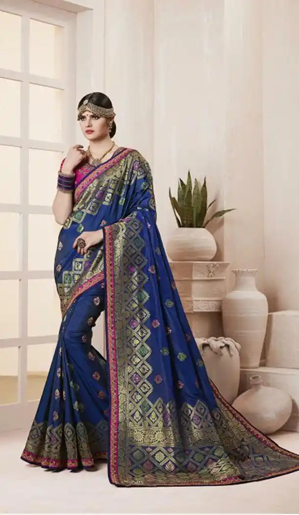 Woman Navy Blue Color Silk Party Wear Saree Blouse | KF807477235