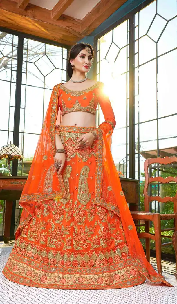 Orange Color Net Party Wear Lahanga Choli | KF14006190
