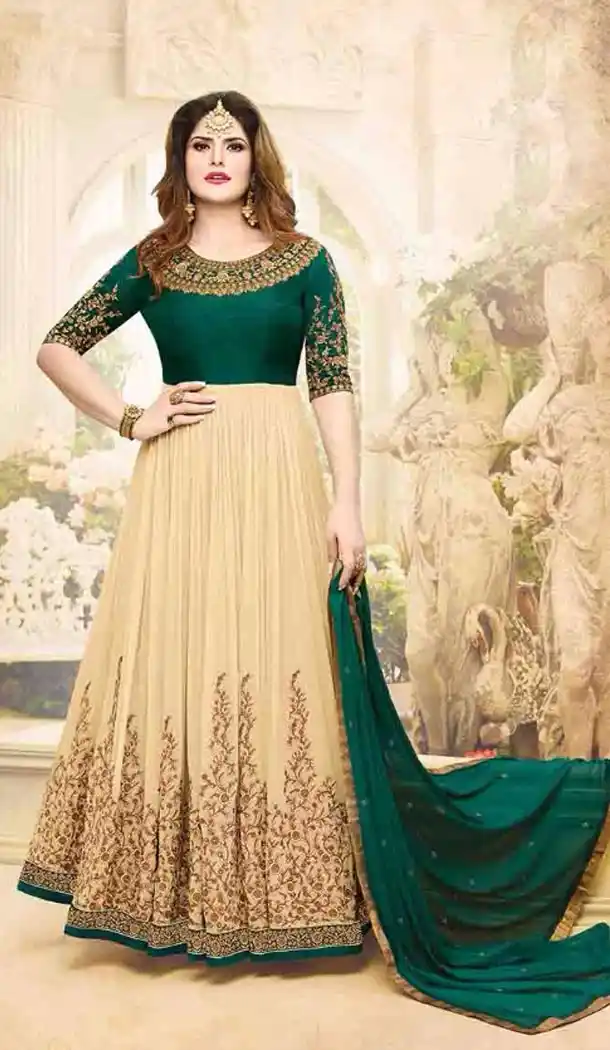 Bollywood Celebrity Zarine Khan Salwat Kameez with Teal and Cream Color | KF14106285