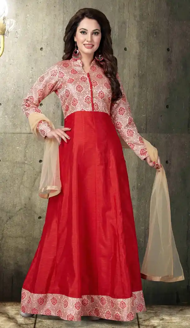Red Color Brocade Silk Long Anarkali Readymade Suit | FHRT277832316