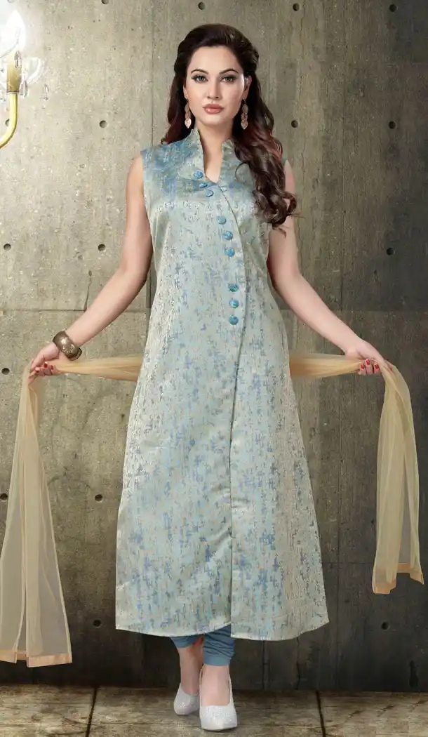 Grey Blue Color Brocade Party Wear Readymade Suit | FHRT277832321