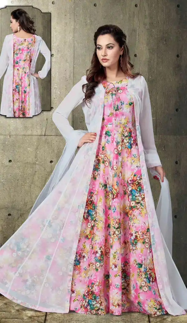 White and Pink Color Crape Georgette Party Wear Readymade Suit | FHRT277832322