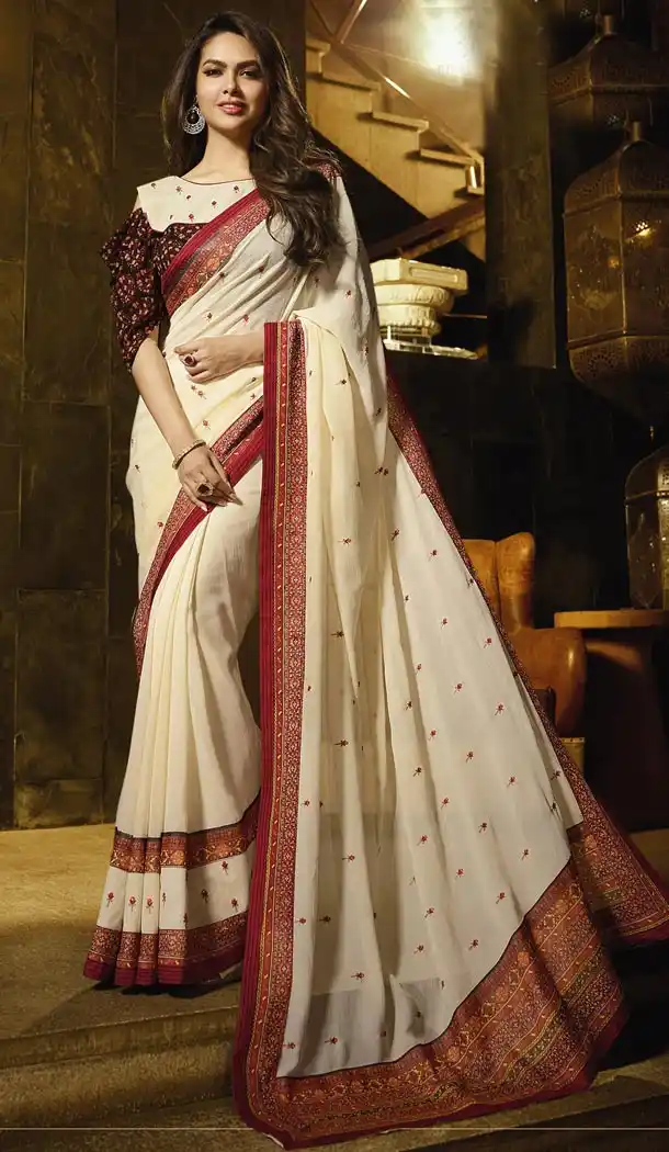 Cream Color Embroidery Party Wear Georgette Saree | FHRT329438809