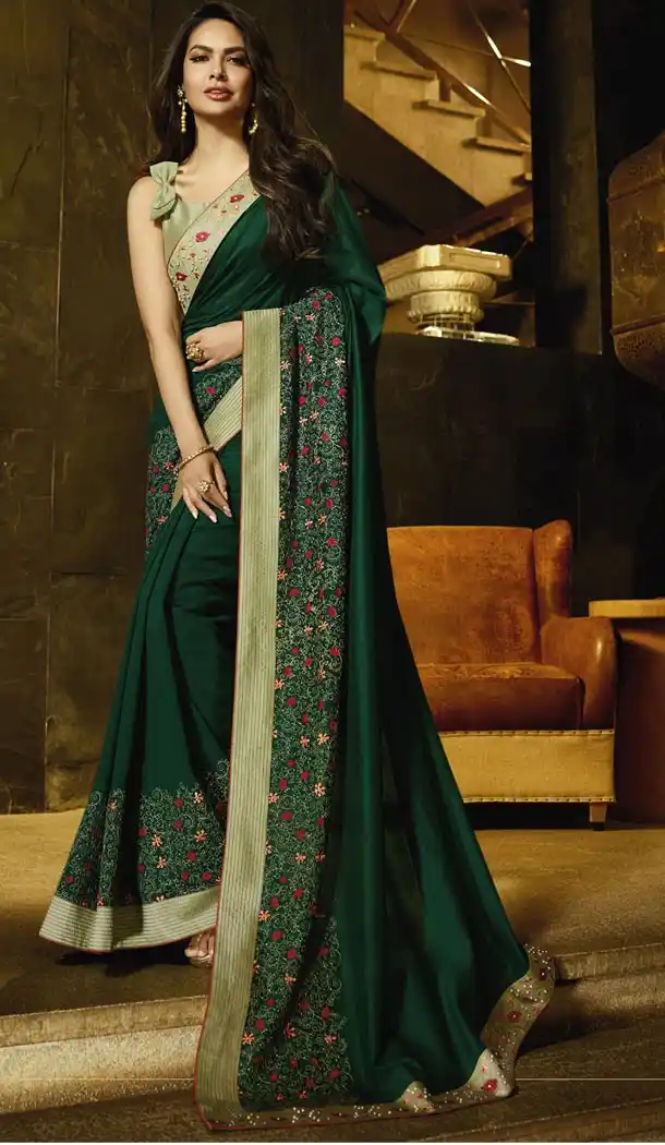 Green Color Embroidery Party Wear Georgette Silk Saree | FHRT329438811