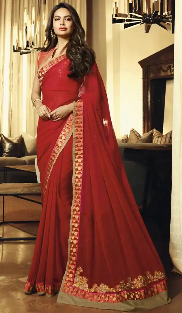 Red Color Embroidery Party Wear Georgette Saree | FHRT329438814