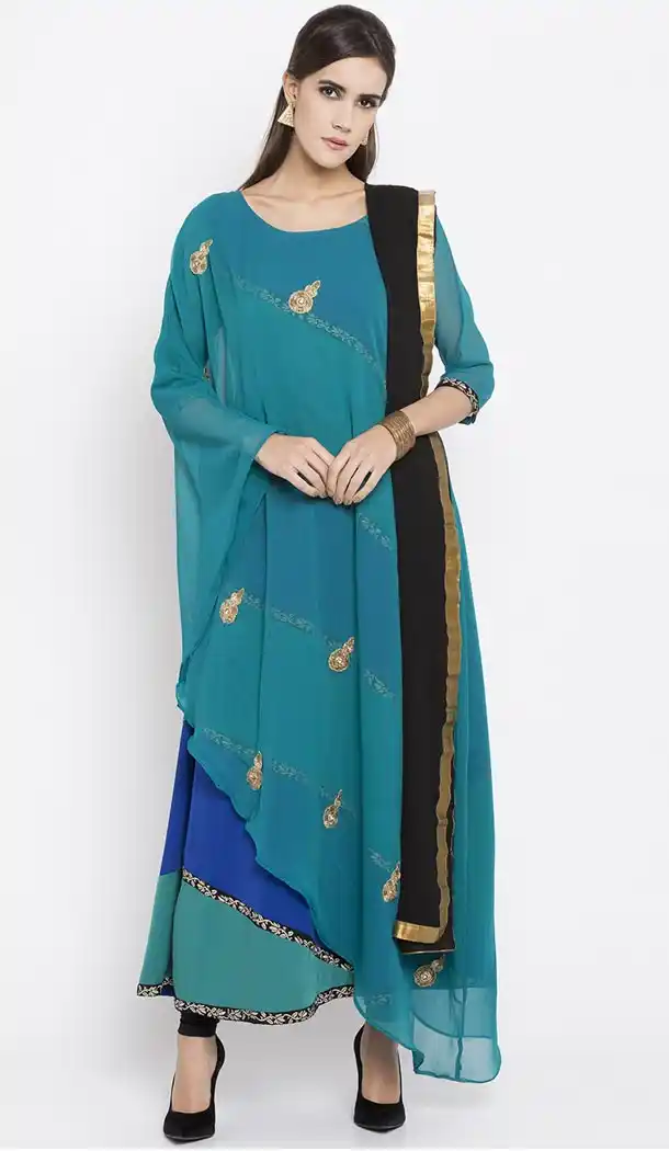Turqoise Blue Color Faux Georgette Readymade Churidar Kameez | 310636149