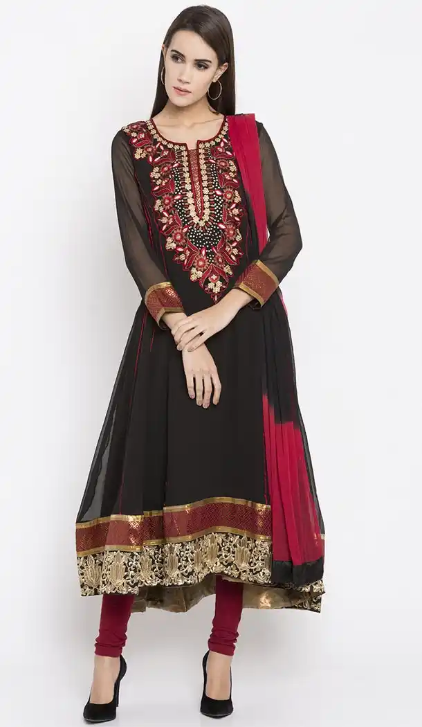 Faux Georgette Black Color Readymade Churidar Suit | 310636152