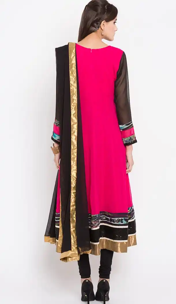 Faux Georgette Coral Color Readymade Churidar Suit | 310636153