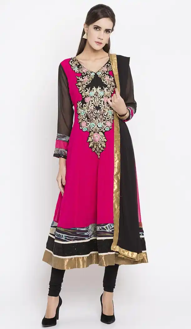 Faux Georgette Coral Color Readymade Churidar Suit | 310636153