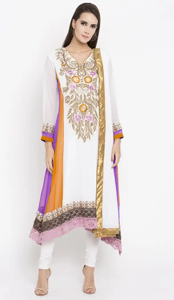 Off White Color Faux Georgette Readymade Churidar Suit | 310636157