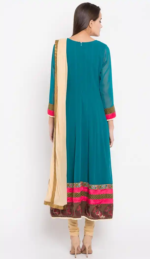 Turqoise Blue Color Faux Georgette Readymade Churidar Suit | 310636160