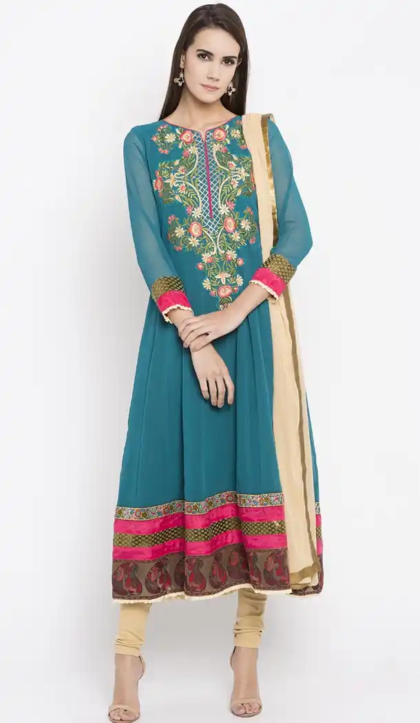 Turqoise Blue Color Faux Georgette Readymade Churidar Suit | 310636160