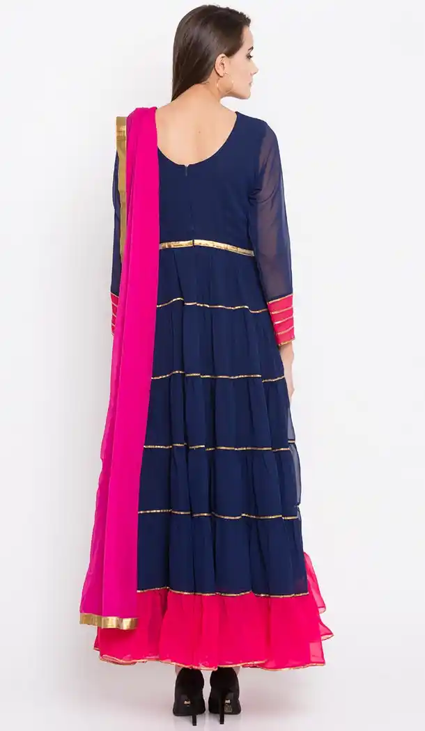Navy Blue Color Faux Georgette Readymade Churidar Suit | 310636161