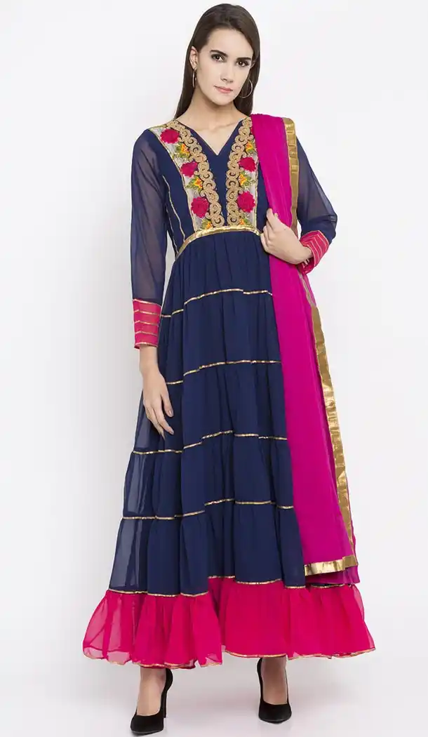 Navy Blue Color Faux Georgette Readymade Churidar Suit | 310636161