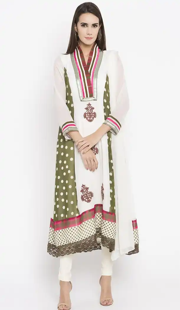 Interesting Off White Color Faux Georgette Readymade Churidar Suit | 310636163