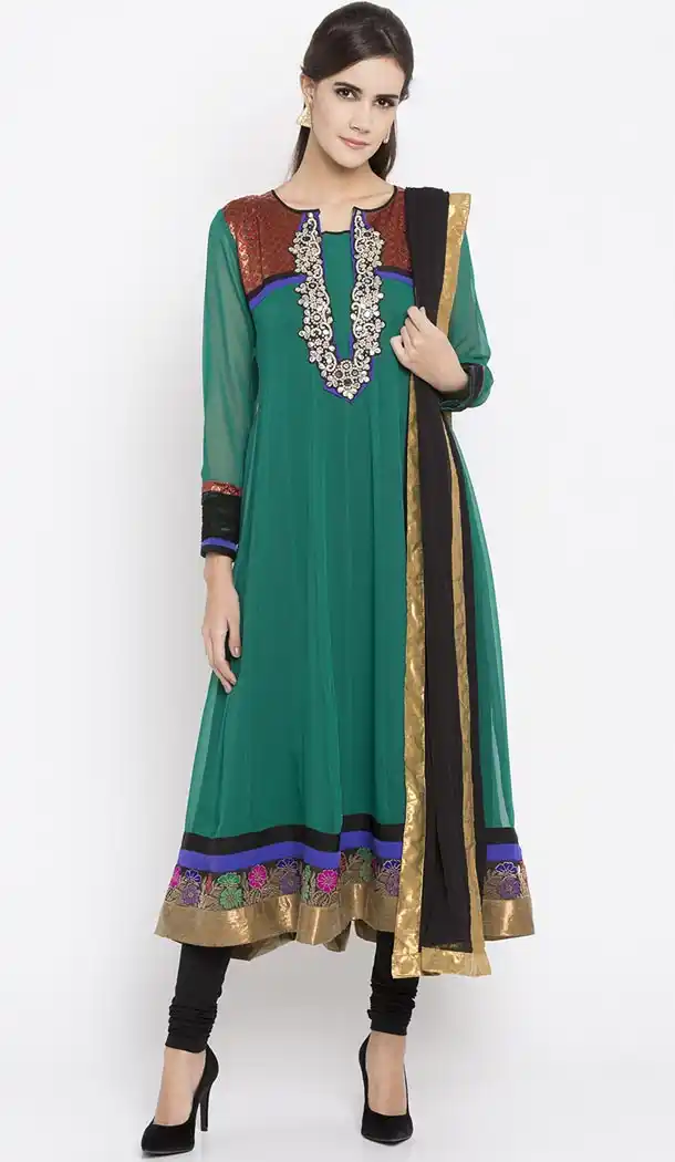 Teal Blue Color Faux Georgette Readymade Churidar Suit | 310636166