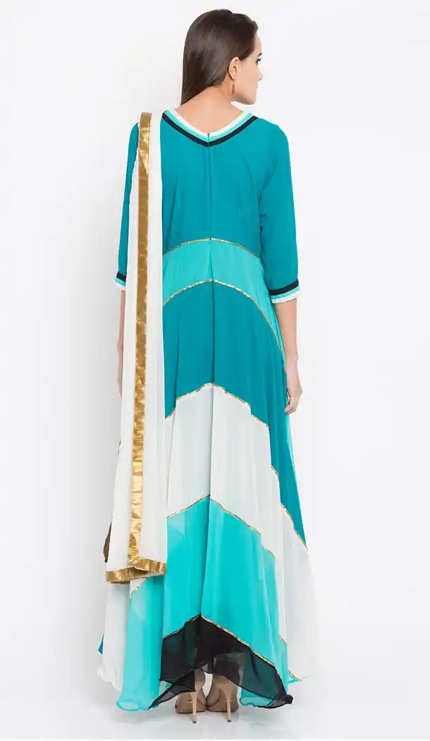 Turqoise Blue Color Faux Georgette Readymade Churidar Suit | 310636167