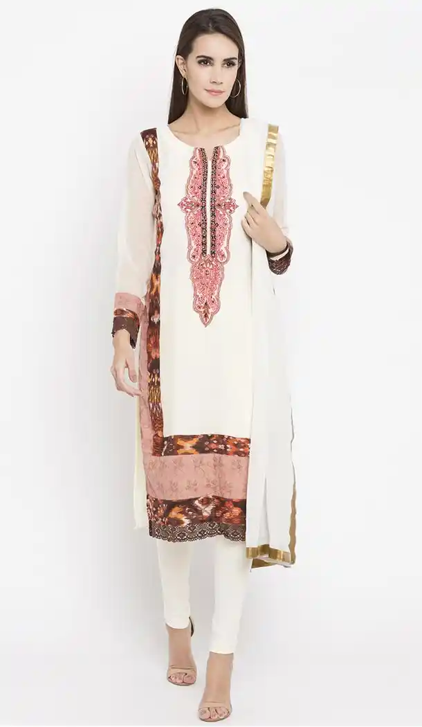 White Color Faux Georgette Readymade Churidar Suit | 310636170