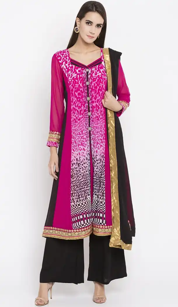 Black Pink Color Faux Georgette Readymade Palazzo Suit | 310636171