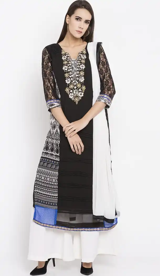 Black White Color Faux Georgette Readymade Palazzo Suit | 310636172