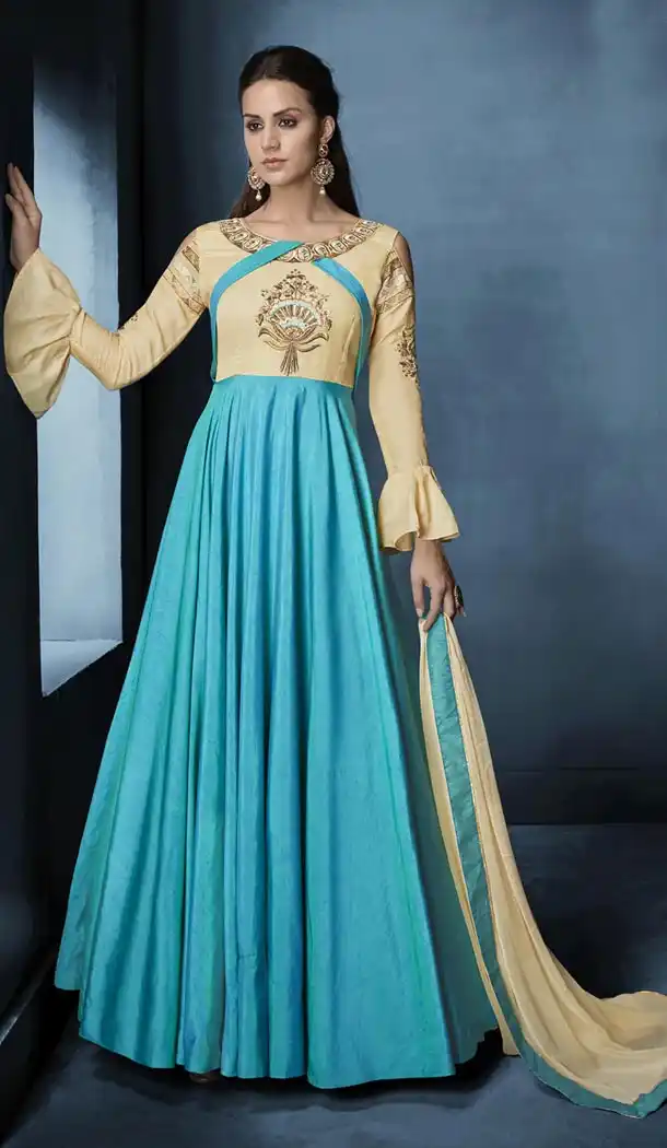 Cream Skay Blue Color Soft Tapeta Silk Party Wear Salwar Kameez | FHRT331339199
