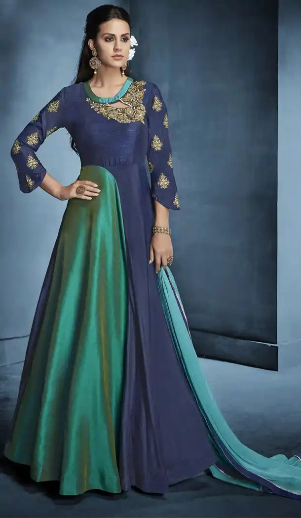 Green Blue Color Banarasi Silk Party Wear Salwar Kameez | FHRT3313391201