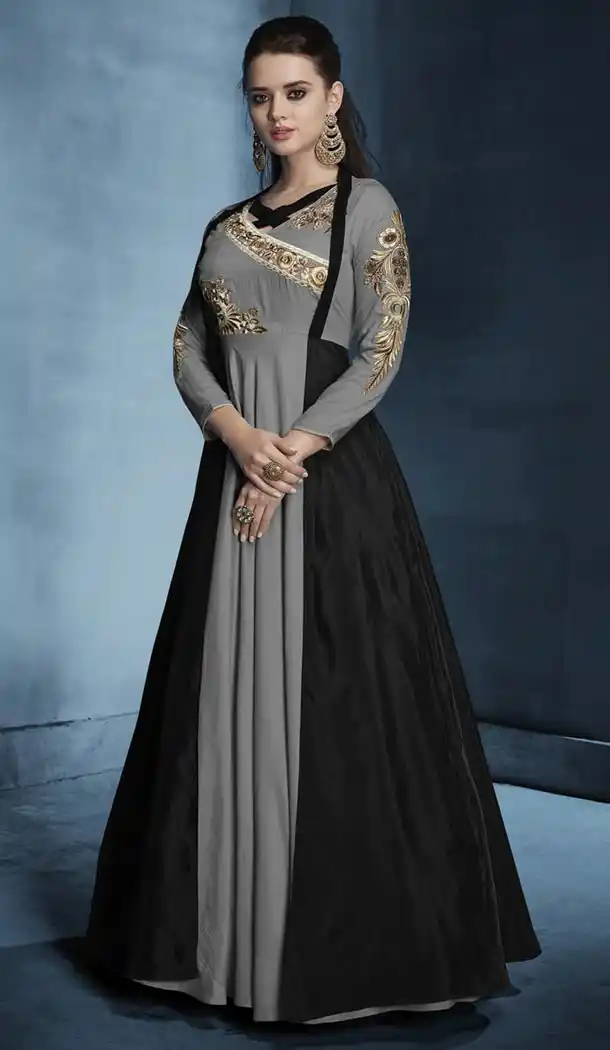 Grey Black Color Banarasi Silk Party Wear Salwar Kameez | FHRT3313391202