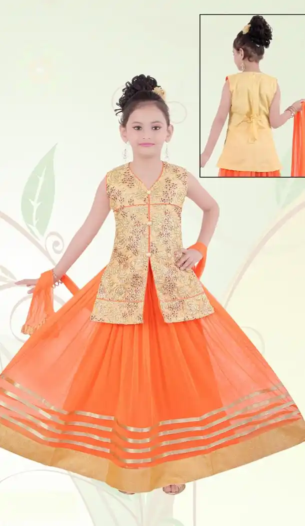 Orange Color Net Embroidery Readymade Kids Girls Suit | 332139287