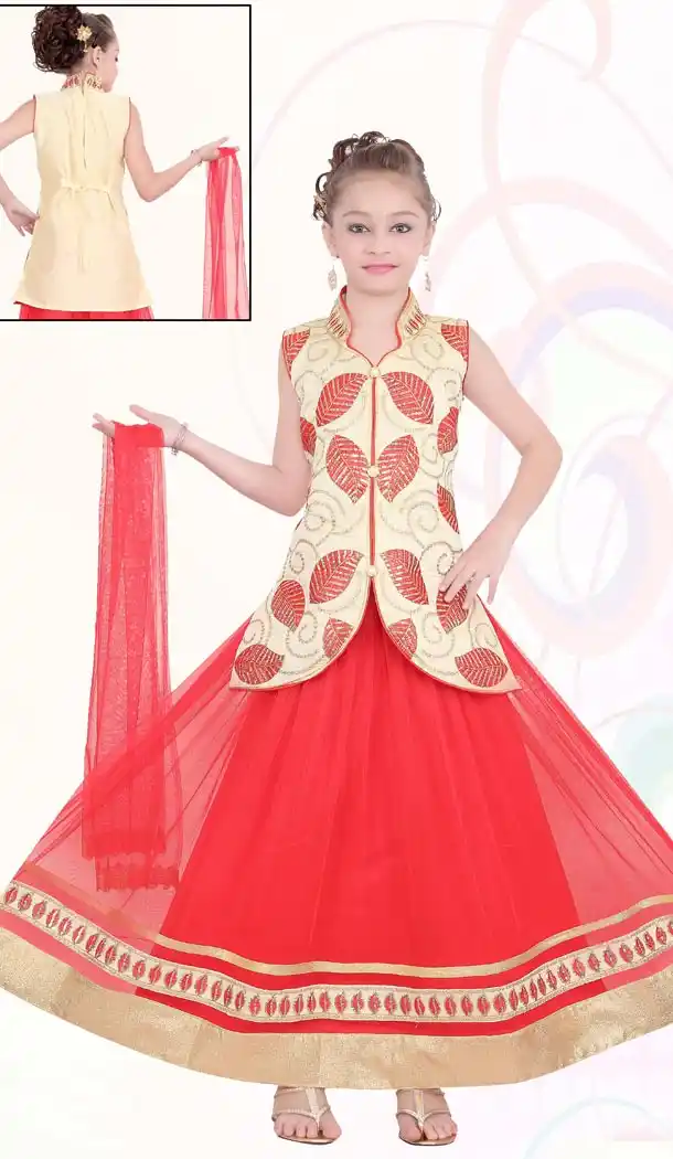 Crem Red Color Net Embroidery Readymade Kids Girls Suit | 332139288