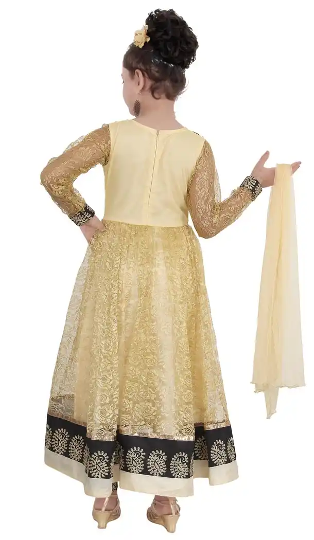 Cream Color Net Readymade Kids Girls Churidar Suit | 332139291