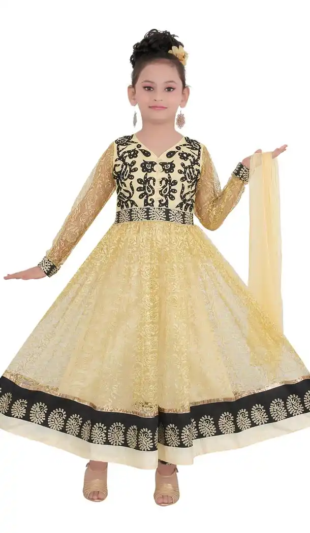 Cream Color Net Readymade Kids Girls Churidar Suit | 332139291