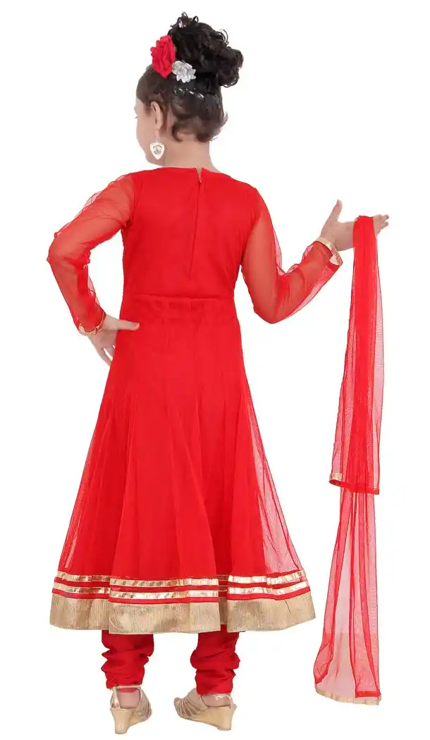 Red Color Net Readymade Kids Girls Churidar Suit | 332139295