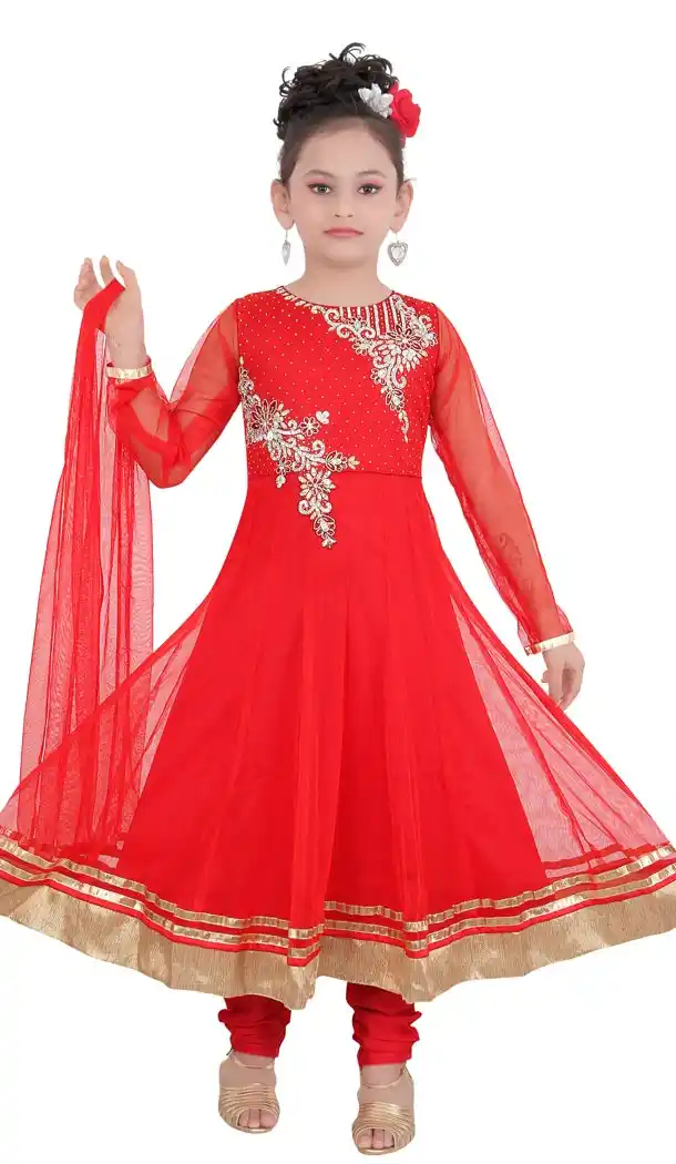 Red Color Net Readymade Kids Girls Churidar Suit | 332139295