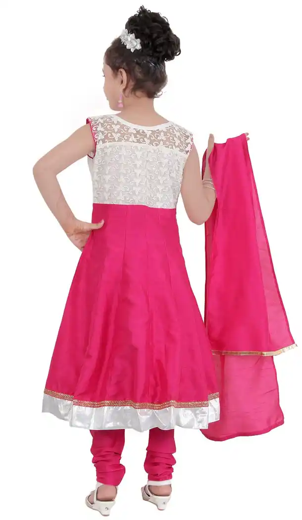 White Pink Color Net Readymade Kids Girls Churidar Suit | 332139296