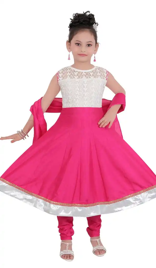 White Pink Color Net Readymade Kids Girls Churidar Suit | 332139296