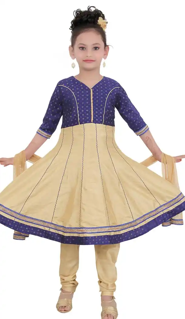 Blue Cream Color Net Readymade Kids Girls Churidar Suit | 332139297