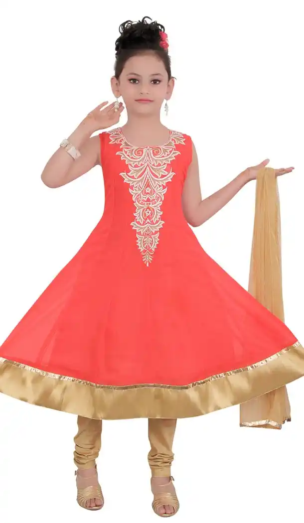Orange Color Net Readymade Kids Girls Churidar Suit | 332139298