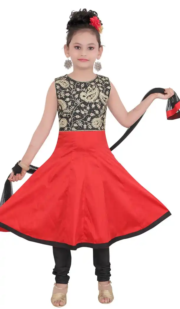 Black Red Color Net Readymade Kids Girls Churidar Suit | 332139299