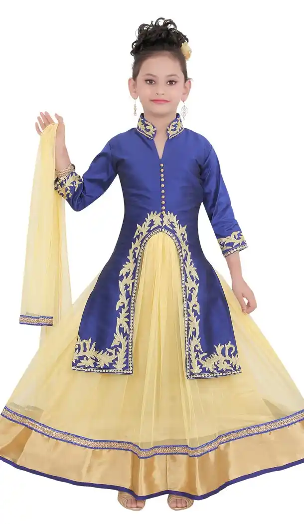 Blue Color Net Readymade Kids Girls Suit | 332139300