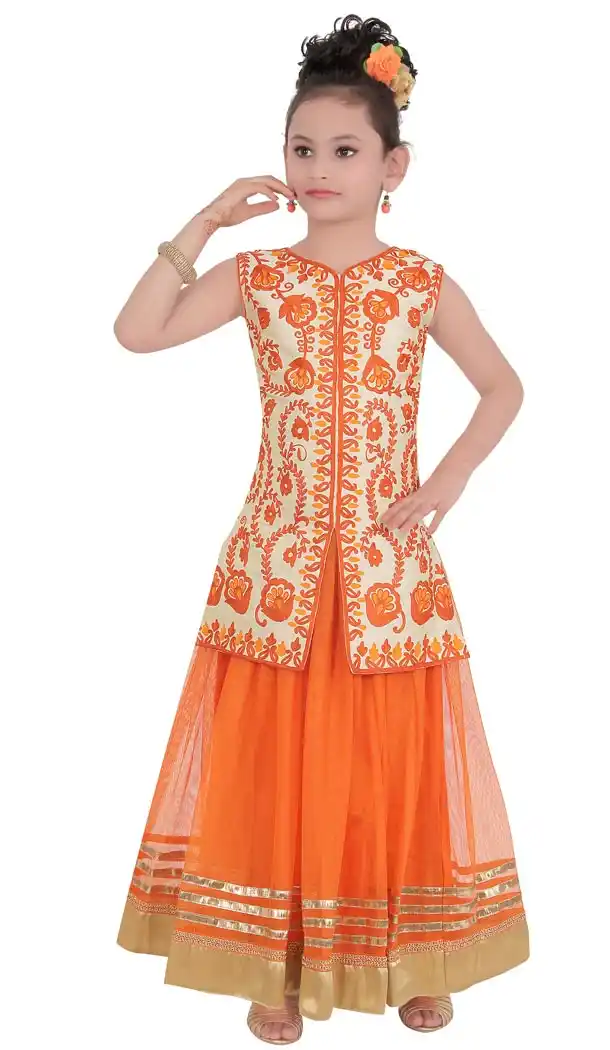 Orange Cream Color Net Readymade Kids Girls Suit | 332139302