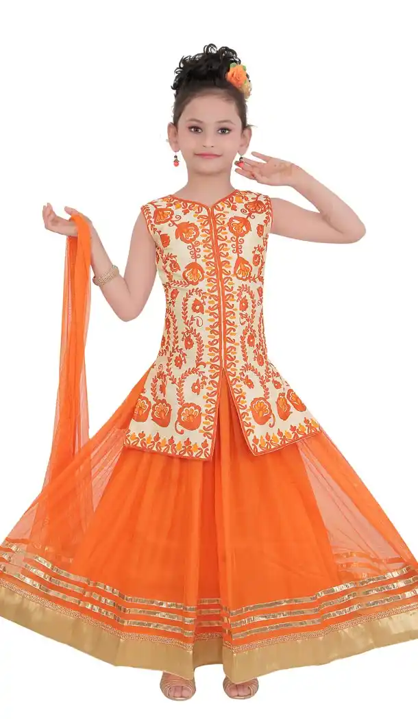 Orange Cream Color Net Readymade Kids Girls Suit | 332139302