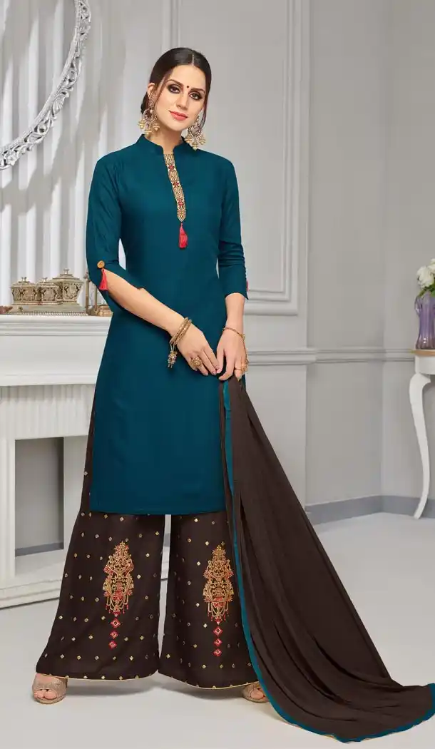 Elegant Rama Green Color Rayon Cotton Palazzo Salwar Suits | 335539699